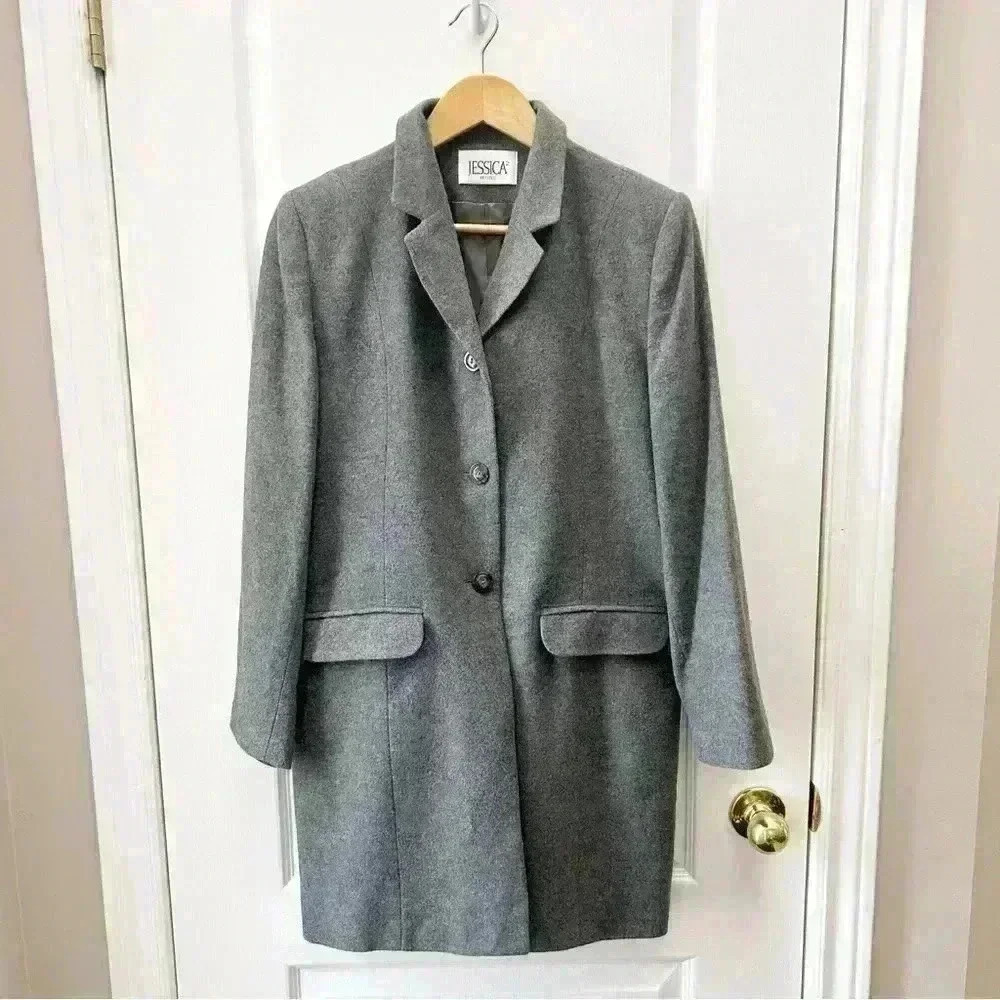Vintage Wool Blend Pea Coat Single Breasted Neutral Classic Grey Size 10 Petite - Picture 3 of 16